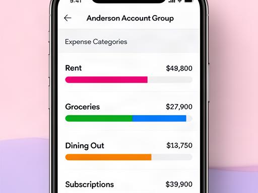 Anderson Account Group category screen showing rent, groceries, dining out, and subscriptions with colored progress bars