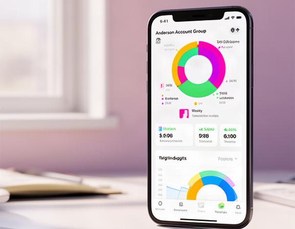 Mobile phone displaying Anderson Account Group app dashboard with category spending rings and weekly summary on a light desk surface